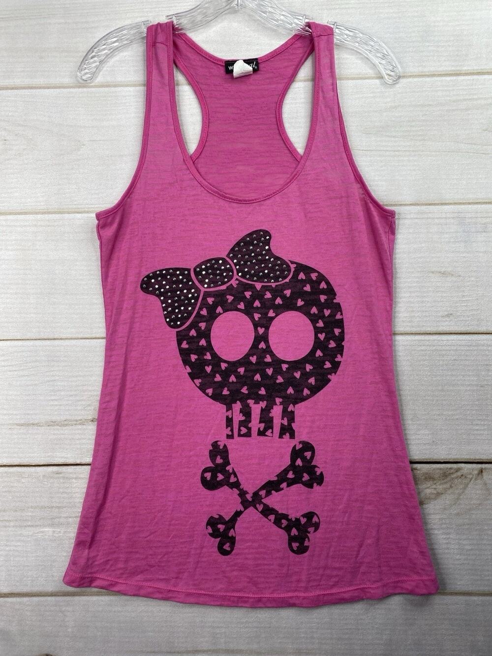 Wet Seal Tank Top Womens XL Pink Skull Hearts Studded Bow Lightweight Burnout